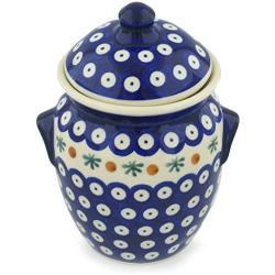 Polish Pottery 6?-inch Jar with Lid and Handles (Mosquito Theme) + Certificate of Authenticity