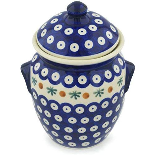 Polish Pottery 6?-inch Jar with Lid and Handles (Mosquito Theme) + Certificate of Authenticity