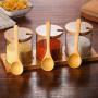 Taimot Glass Condiment bottles with wooden spoon, Kitchen Glass Seasoning Box Set - 3 condiment dispenser cans+ 3 Spoons + Bamboo Tray Base, 10 oz, spice jars, sugar cans, tea storage