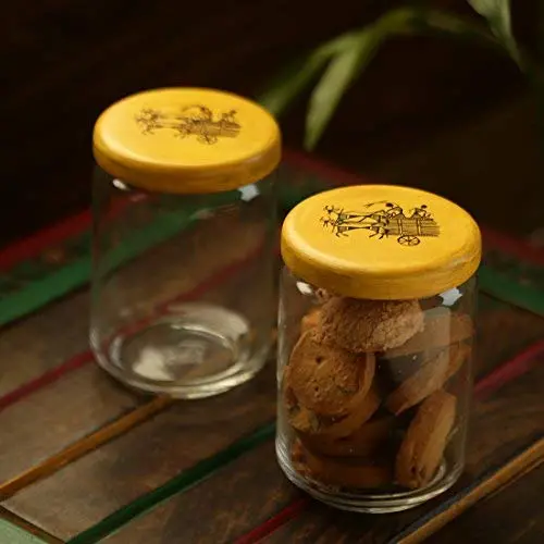Exklusive Lane ‘Duals Of Warli’ Handbemalter Snack- und Cookie-Behälter Set aus Glas und Holz – Cookie Jar Behälter Gewürz-Lagerbehälter Küchenbox Tischgeräte Geschirr - Servierware