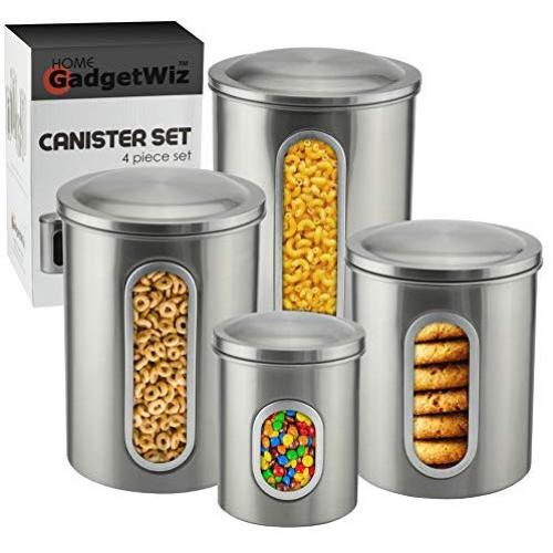 Canister Sets for the Kitchen - Brushed Stainless Steel - Anti fingerprint Coating - Sugar and Flour Canisters Set of 4 - Food Storage Containers