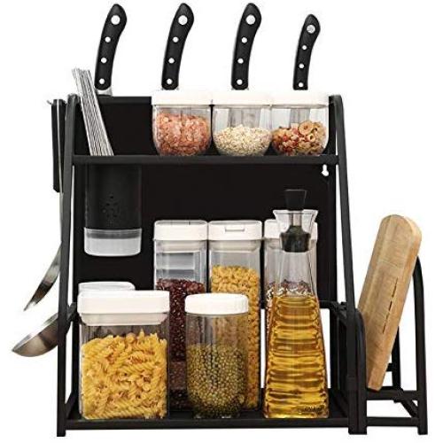 2 Tier Kitchen Spice Rack, Countertop Standing Corner Shelf Removable Seasoning Organizer Jars Bottle Storage, Black