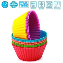 Silicone Cupcake Baking Cups, 12-pack Reusable Silicone Mold Cupcake Liner For Cake Baking Nonstick Silicone Muffin Liners,BPA Free Silicone Baking Cup Storage Jar 2.75 Inch Rainbow Colors