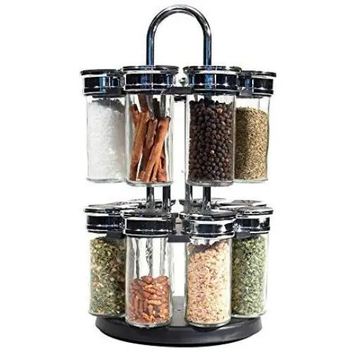 Je recherche une idée de présentation/carrousel KB5669 avec épices, 2 niveaux, 16 pots en verre/plastique transparent/noir de 19 x 19 x 31,5 cm.