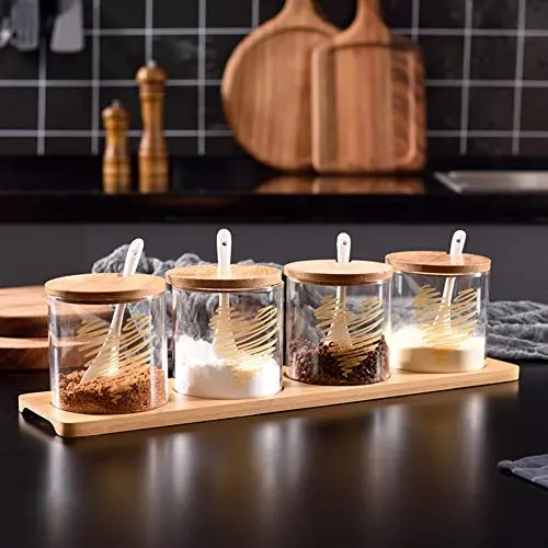 Glas-Gewürzsatz, Küchensalz- und Gewürzsatz mit Holzdeckeln und Messlöffel - Haushalt Gewürzbehälter-Set