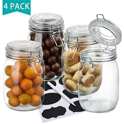 Bouteilles en verre à large goulot, ensemble de bocaux étanches HTgroce avec couvercle, verre transparent imperméable, rangement de bocaux en verre pour aliments (set de 4, 26,4oz) Bouteilles en verre à large goulot, ensemble de bocaux étanches HTgroce avec couvercle, verre transparent imperméable, rangement de bocaux en verre pour aliments (set de 4, 26,4oz)