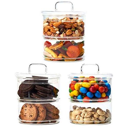 EZOWare 2-Tier Stackable Glass Storage Apothecary Jar Containers with Lid, Ideal for use as Decorative Candy Dish, Snack Food Storage, Cookie Canisters, Bathroom Organizer - Set of 3