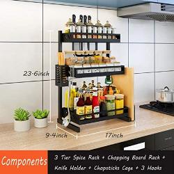 Ctystallove 3 Tier Metal Kitchen Spice Rack Countertop Standing Corner Shelf Removable Seasoning Organizer Jars Bottle Storage Knife Utensils Holder with 3 Hooks, Black