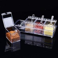 CHYIR 4-Piece Clear Seasoning Rack Spice Pots Storage Container Condiment Jars Cruet with Cover and Spoon Kitchen Utensils Supplies