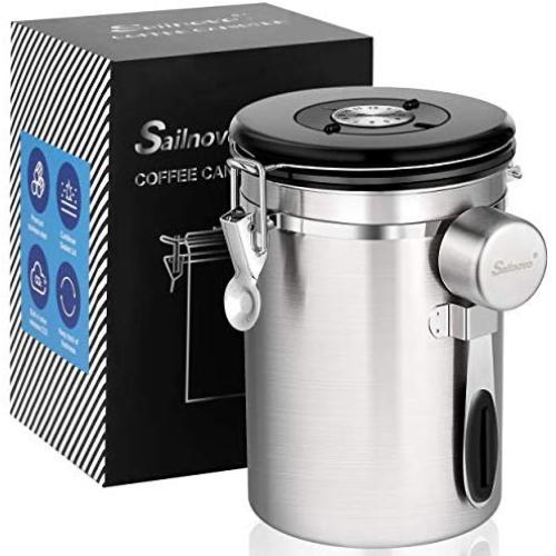 Airtight Coffee Canisters - Sailnovo Stainless Steel Container for Beans Grounds Sugar Flour Fresher Storage with Date Tracker, CO2-Release Valve and Measuring Scoop Kitchen Use - Sliver