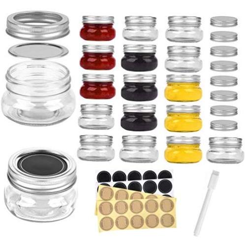 Mini Mason Jars Round 4 oz - Small Canning Glass Jars with Lids - 16 Pack Cute Jars with 40 Labels & Chalk Marker, Clear Containers for your Candy, Jelly, Overnight Oats, Yogurt, Honey & Baby Food
