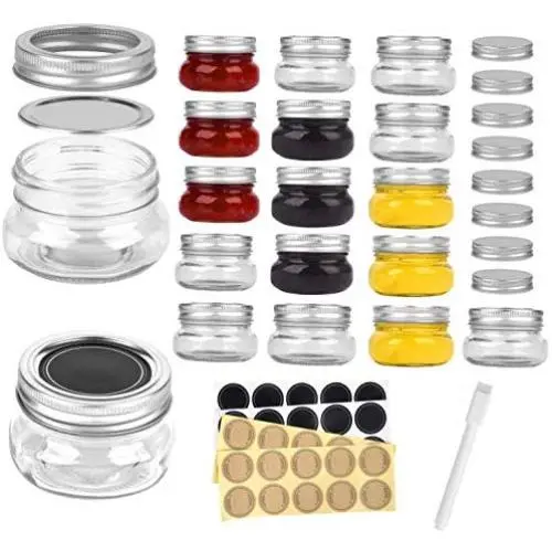 Mini Mason Gläser Runde 4 oz - Kleine Konservierungsgläser mit Deckeln - 16er Pack Cute Gläser mit 40 Etiketten & KreideMarker, Klare Behälter für Süßigkeiten, Marmelade, Overnight Oats, Joghurt, Honig & Babybrei