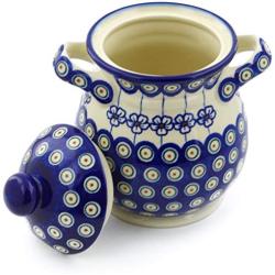 Polish Pottery 8-inch Jar with Lid and Handles (Flowering Peacock Theme) + Certificate of Authenticity