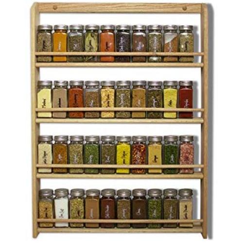 EMS Solid OAK Wood Spice Rack Organizer, 4 Tier Wall Mounted - Seasoning Storage for Pantry and Kitchen - Natural Finish (26.5&quotH x 20&quotW x 2.75&quotD)