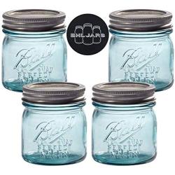 Ball Mason Jars 8 oz Regular Mouth Turquoise Colored Glass Bundle with Non Slip Jar Opener- Set of 4 Half Pint Size Mason Jars - Canning Glass Jars with Lids