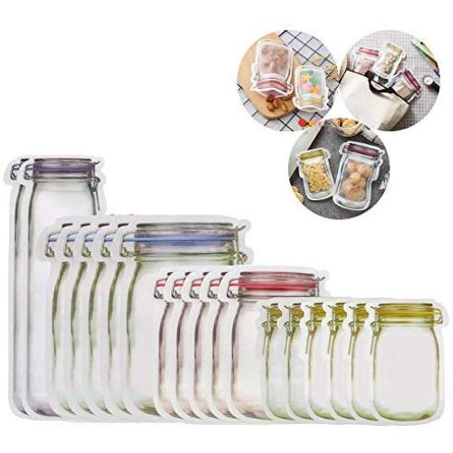 Reusable Ziplock Snack Bags, 18pcs Cute Mason Jar Pattern Zipper Food Storage Bags, Reusable Sandwich Airtight Seal Bags for Kitchen Travel Picnic Camping Organizer (Tallx2+Lx5+Mx5+Sx6)