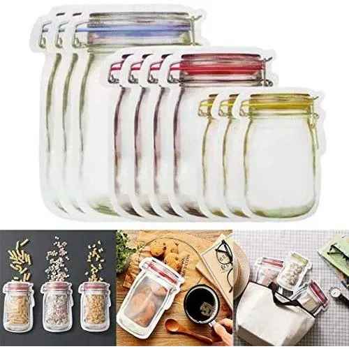 10 Pièces Bouteilles Mason, Sacs Zippés Reutilisables pour Stockage Alimentaire Transparent, Joints Étanchéifiés pour Voyage, Camping et Enfants 10 Pièces Bouteilles Mason, Sacs Zippés Reutilisables pour Stockage Alimentaire Transparent, Joints Étanchéifiés pour Voyage, Camping et Enfants