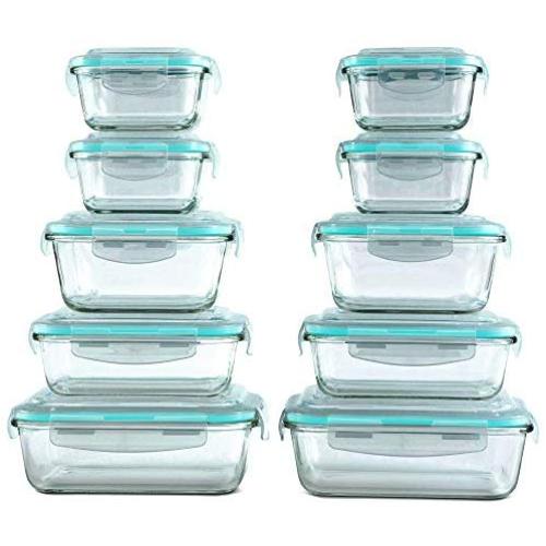 [20 Piece] Glass Food Storage Containers Set with Snap Lock Lids - Safe for Microwave, Oven, Dishwasher, Freezer - BPA Free - Airtight & Leakproof