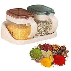 Wall Mount Seasoning Box Set, Clear Glass Spice Storage Canister With Airtight Lids And Spoons Reusable Spice Jars-2 Pcs