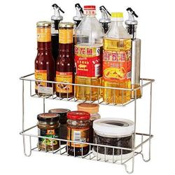 Spice rack - kitchen double layer stainless steel organizer shelf, condiment, bottle, jar storage rack