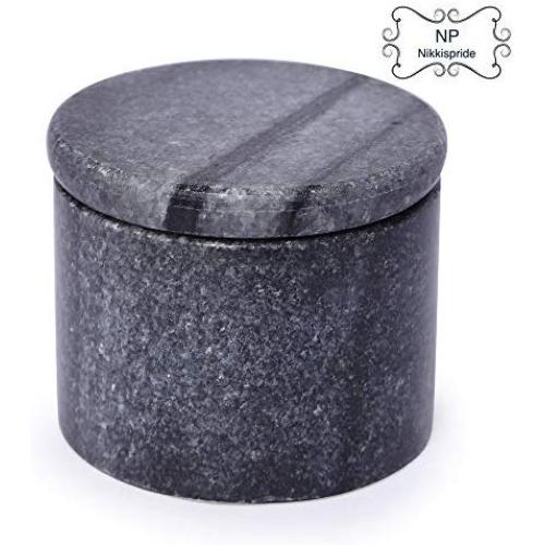 NikkisPride Unique Salt and Pepper Cellar Box White Marble Covered with Marble lid, Multipurpose Box, Spice, Jeweler box (Black)