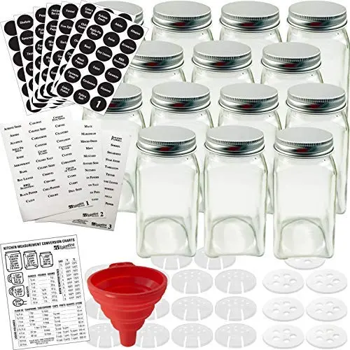 Talented Kitchen 14 Glass Spice Jars w/2 Types of Preprinted Spice Labels. Commercial Grade, Complete Set: 14 Square Empty Jars 4oz, Pour/Sift & Coarse Shakers, Airtight Cap, Chalkboard & Clear Label Talented Kitchen 14 Glass Spice Jars w/2 Types of Preprinted Spice Labels. Commercial Grade, Complete Set: 14 Square Empty Jars 4oz, Pour/Sift & Coarse Shakers, Airtight Cap, Chalkboard & Clear Label