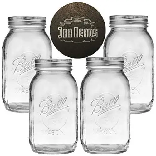 Ball Mason Jars 32 oz Bundle with Non Slip Jar Opener- Set of 4 Quart Size Mason Jars with Regular Mouth - Canning Glass Jars with Lids, Heritage Collection