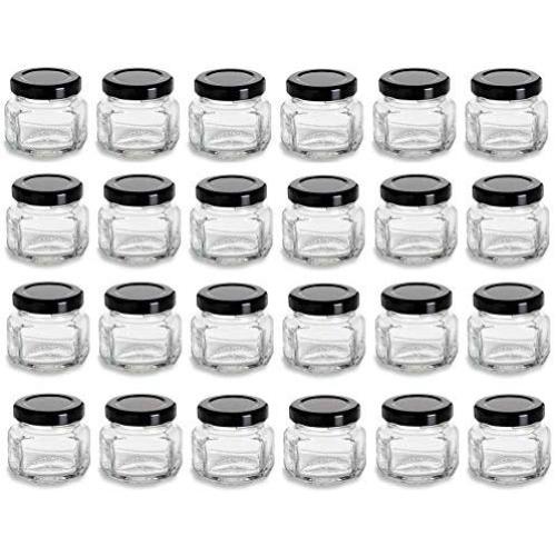 Nakpunar 24 pcs 1.5 oz Oval Hexagon Glass Jars with Black Lids - 45ml