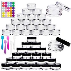 Youngever 140 Pcs Empty Plastic Cosmetic Samples Containers, 80 Pack 5G Plastic Jars With Lids (40 White,40 Black), 60 Pack 3G Cosmetic Jars with Lids (30 White,30 Black), 5 Mini Spatulas and Labels