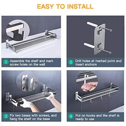 Eastore Life Wall Mounted Spice Rack with 4 Hooks - 304 Stainless Steel Seasoning Storage Shelf for Kitchen, Easy to Assemble, length range from 30cm to 100cm