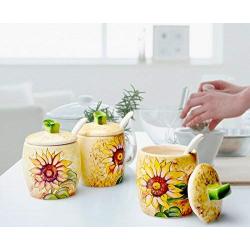 Ceramics Sunflower Hand Painted Painting Sugar Salt Pepper Storage Jar with Lid And Spoon