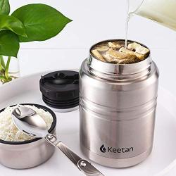 Keetan Vacuum Insulated Food Jar 18/8 Stainless Steel Lunch Box with Folding Spoon Double Walled Food Container BPA Free(17OZ, Stainless)