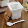 LQQGXLCondiment bottle, jar condiment storage box Spice jar white with lid ceramic sugar jar condiment jar seasoning box set with lid spoon and tray