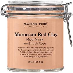 MAJESTIC PURE Moroccan Red Clay Facial Mud Mask with British Rose - Natural Skin Care Mask for Pore Cleansing and Dull & Sensitive Skin - Fights Acne and Blackheads - 10 oz