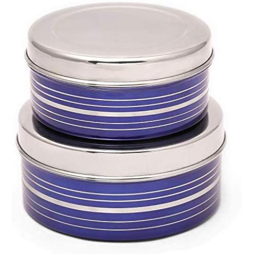 SPICE PEOPLE Thai Enamel Lunch Box - Blue Enamel Lunch Box Stainless - Blue Enamel Bento Box - Storage Container Stainless - Tiffin Box - Lunch Bots 2 Set - Stainless Steel Enamel Lunch Containers