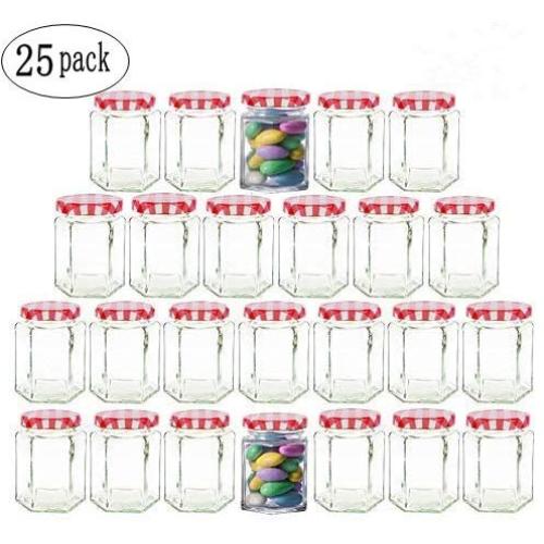 Clear Hexagon Jars 4oz With Lids Red Striped,Glass Jars For Spice,Foods,Jams,Liquid,Mason Jars For Storage 25 Pack