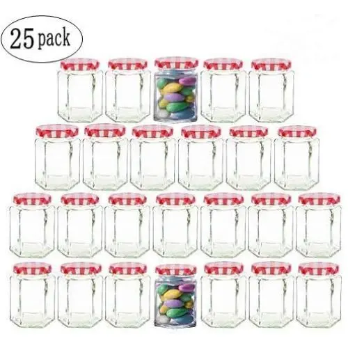 Klare Hexagon Glaskaraffen 4oz mit Deckeln, Rotgestreift, für Gewürze, Lebensmittel, Marmeladen, Flüssigkeiten, Mason Glaskaraffen für Lagerung – 25er Packung