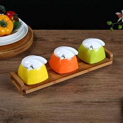 Kitchen seasoning box/Ceramic Condiment Storage Container with Tray Salt jar Spice Jars Box Three-Piece Set (Color : B)