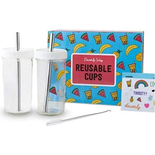 Wiederverwendbare Boba-Bubble-Smoothie-Becher mit 2 Lids und Metall-Trinkschlauch (2er-Set, 680 ml/24 oz).