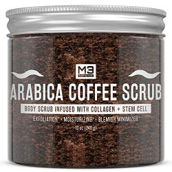 M3 Naturals Arabica Coffee Scrub Infused with Collagen and Stem Cell - Natural Body and Face Scrub for Acne, Cellulite, Stretch Marks, Spider Veins, Scars - Skin Care Exfoliator 12 oz