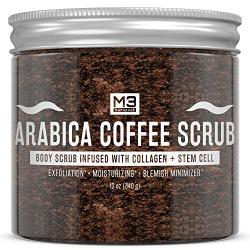 M3 Naturals Arabica Coffee Scrub Infused with Collagen and Stem Cell - Natural Body and Face Scrub for Acne, Cellulite, Stretch Marks, Spider Veins, Scars - Skin Care Exfoliator 12 oz