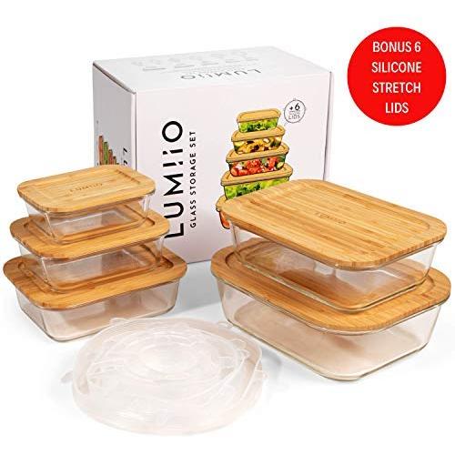 Glass Food Storage Containers with Lids (Bamboo) Set of 5. Bonus 6 Silicone Stretch Lids. BPA Free, Plastic Free & Eco Friendly Food Storage. Glass Meal Prep Containers for Lunch and Leftovers.