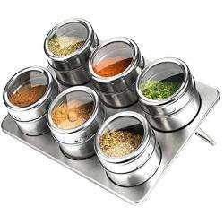 Magnetic Spice Tins Jars with Rack Stainless Steel,Clear Top,Shaker Lid,Set of 6