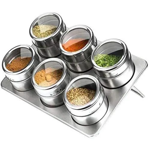Magnetic Spice Tins Jars with Rack Stainless Steel,Clear Top,Shaker Lid,Set of 6 Magnetic Spice Tins Jars with Rack Stainless Steel,Clear Top,Shaker Lid,Set of 6