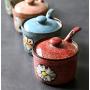 123Arts Ceramics Retro Flower Sugar Salt Pepper Storage Jar Seasoning Pot with Lid And Spoon