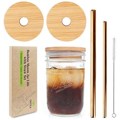 Mason Jar Lids with Straw Hole, ECO Reusable Bamboo Mason Jar Lids for Wide Mouth Mason Jar with 2 Reusable Stainless Steel Straw –2 LIDS & Copper Color Straw