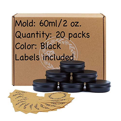 20pcs 2oz/60ml Black Aluminum Tin Jar with Screw Lid and Blank Labels