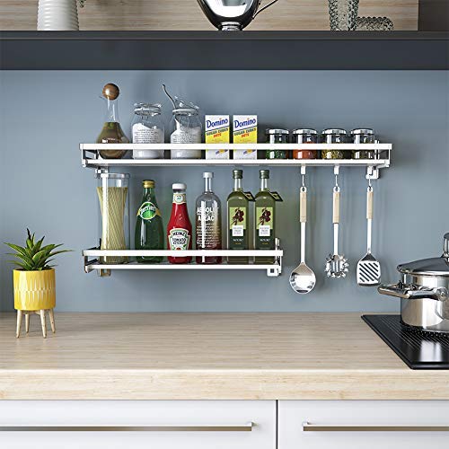 Eastore Life Wall Mounted Spice Rack with 4 Hooks - 304 Stainless Steel Seasoning Storage Shelf for Kitchen, Easy to Assemble, length range from 30cm to 100cm
