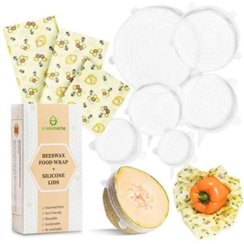 Aristomache Beeswax Wraps and Silicone Lids, Eco Friendly, Reusable Beeswax Food Wraps and Covers, Sustainable Plastic Alternative, Zero Waste, Assorted 3 Pack Food Wraps + 6 Pack Silicone Lid Covers