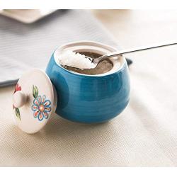 Japanese Retro Floral Handmade Sugar Bowl Lidded Bowl Sugar Dispenser Salt Pepper Storage Jar Pot Sugar Container Seasoning Pot Holder for Home and Kitchen,Blue